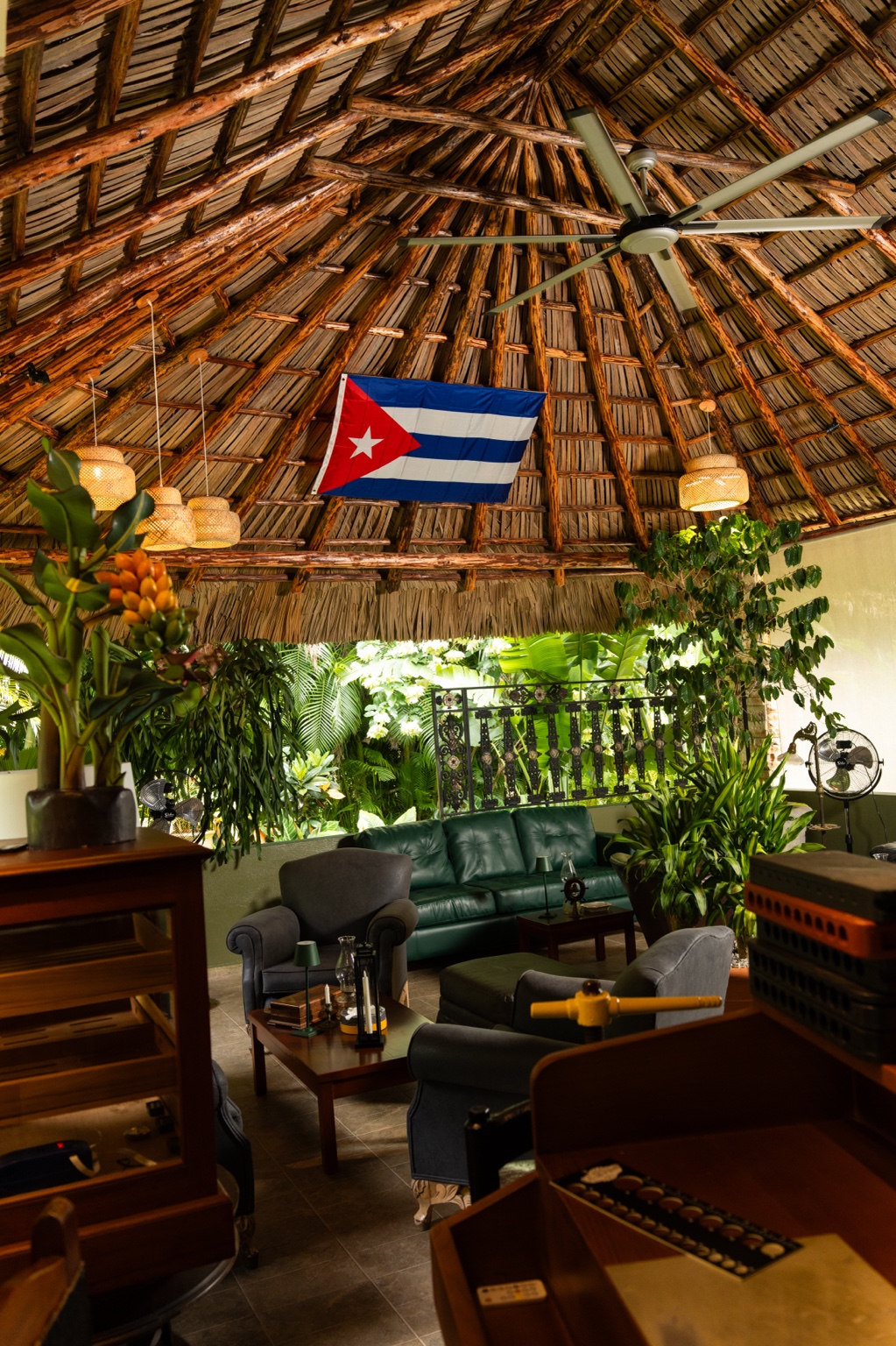 Interior de Monte Selecto, con techo de guano, arte cubano y vegetación tropical
